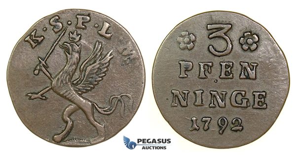 G23, Germany, Stralsund City (Under Swedish Siege) 3 Pfenninge 1792, Copper, Nice grade!