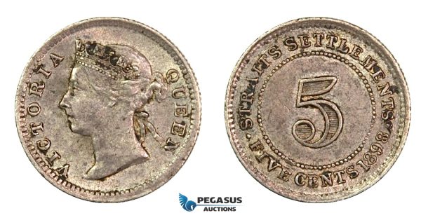 G38, Straits Settlements, Victoria, 5 Cents 1898, Silver, High Grade, Good Lustre!