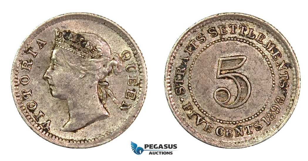 G38, Straits Settlements, Victoria, 5 Cents 1898, Silver, High Grade, Good Lustre!