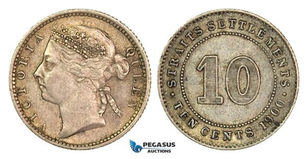 G40, Straits Settlements, Victoria, 10 Cents 1900, Silver, High Grade!