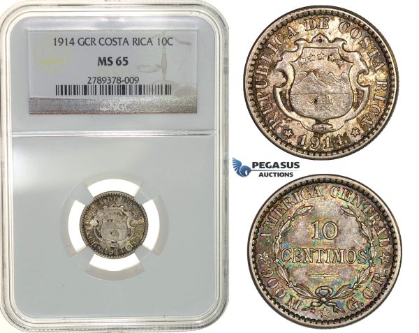 G53, Costa Rica, 10 Centimos 1914-GCR, Silver, NGC MS65 (Pop 1/2)
