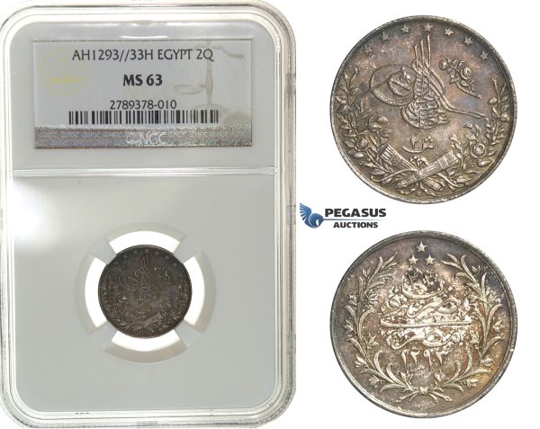 G54, Ottoman Empire, Egypt, Abdül Hamid II, 2 Qirsh AH1293/33-H, Heaton, SIlver, NGC MS63
