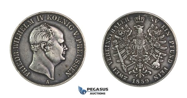 G64, Germany, Prussia, Fr. Wilhelm IV, Double Vereinsthaler 1859-A, Berlin, Silver, Rare!