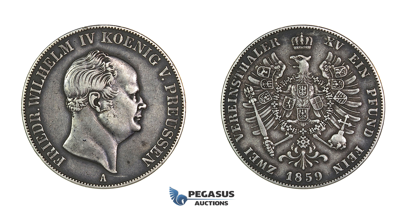 G64, Germany, Prussia, Fr. Wilhelm IV, Double Vereinsthaler 1859-A, Berlin, Silver, Rare!