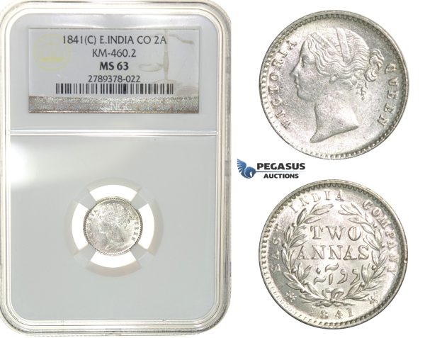 G70, East India Company, Victoria, 2 Annas 1841-C, Calcutta, Silver, NGC MS63