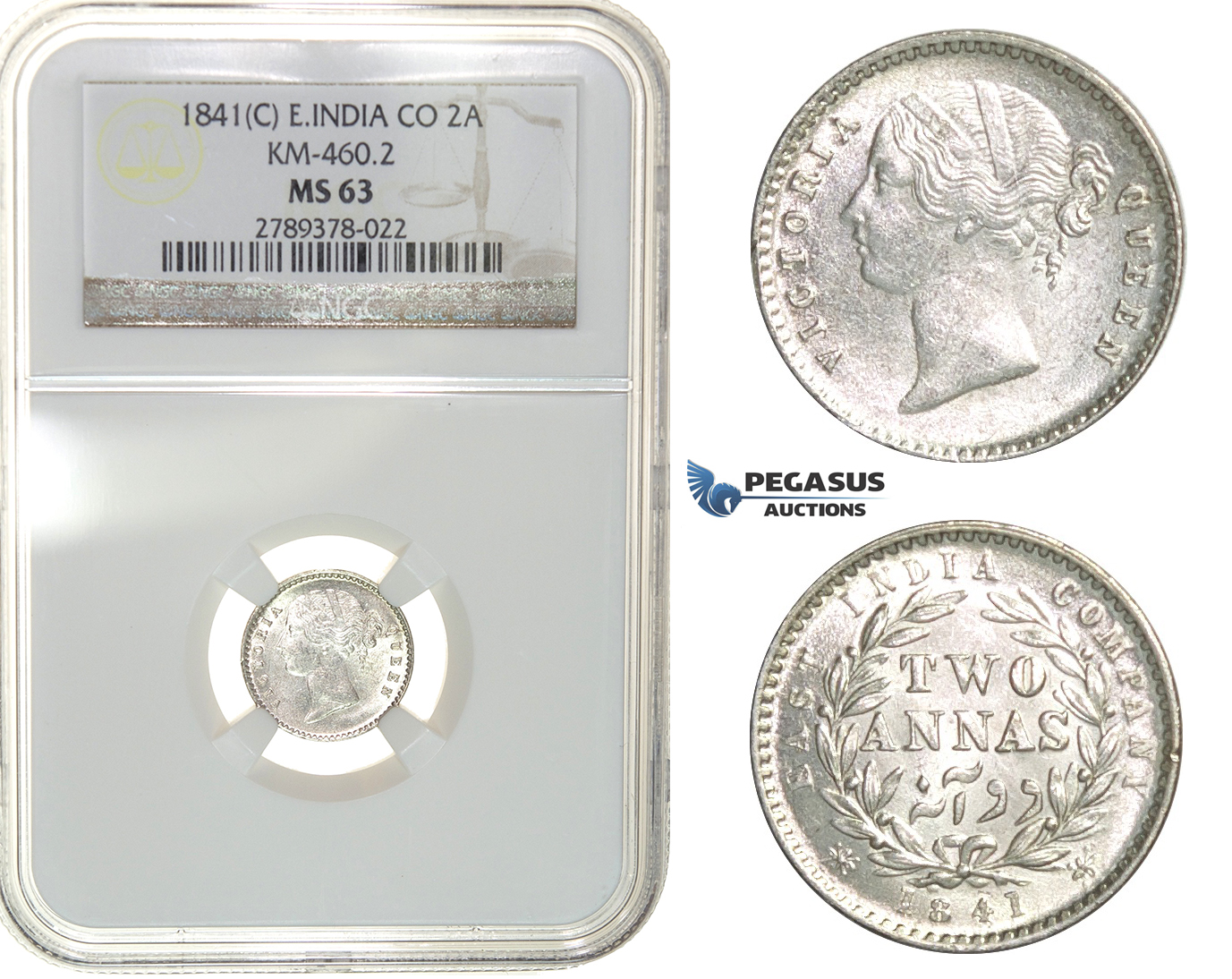 G70, East India Company, Victoria, 2 Annas 1841-C, Calcutta, Silver, NGC MS63