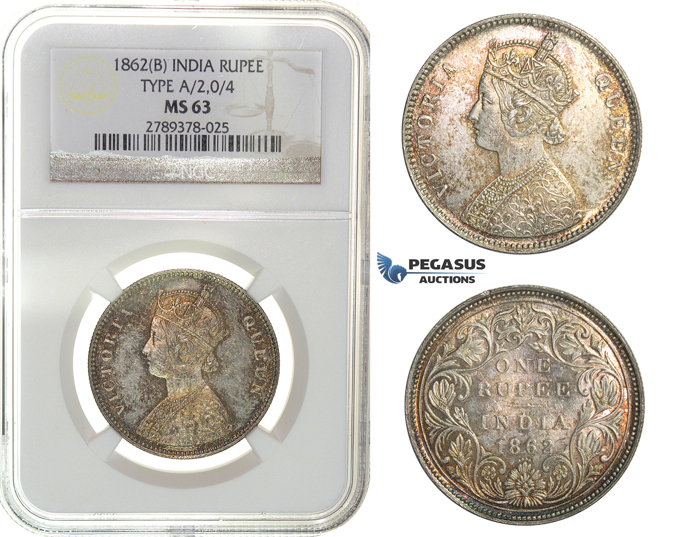 G73. India, British, Victoria, Rupee 1862-B, Bombay, Silver, NGC MS63 (Pop 1/2)