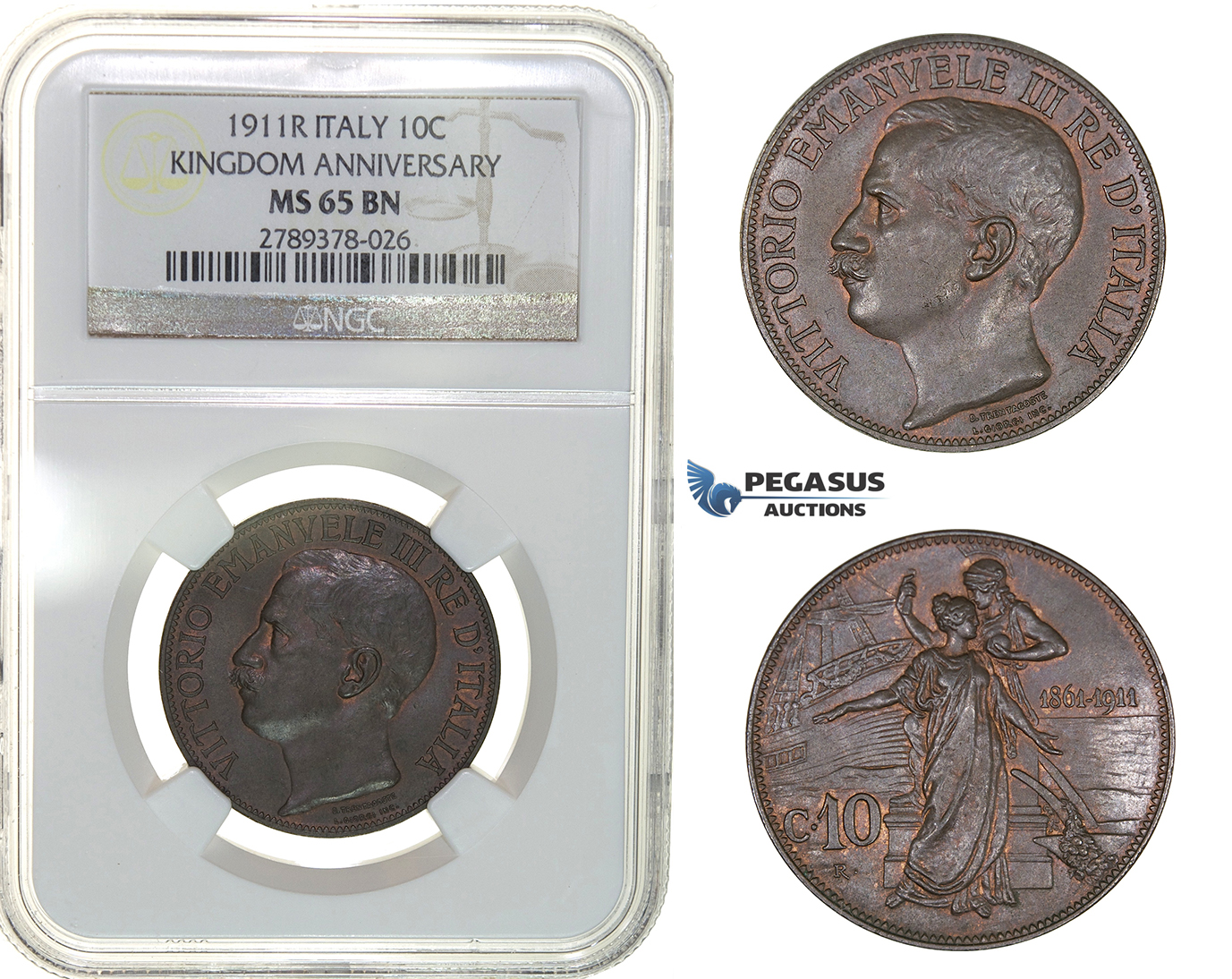 G74, Italy, Vit. Emanuele III, 10 Centesimi 1911-R, Rome, NGC MS65BN