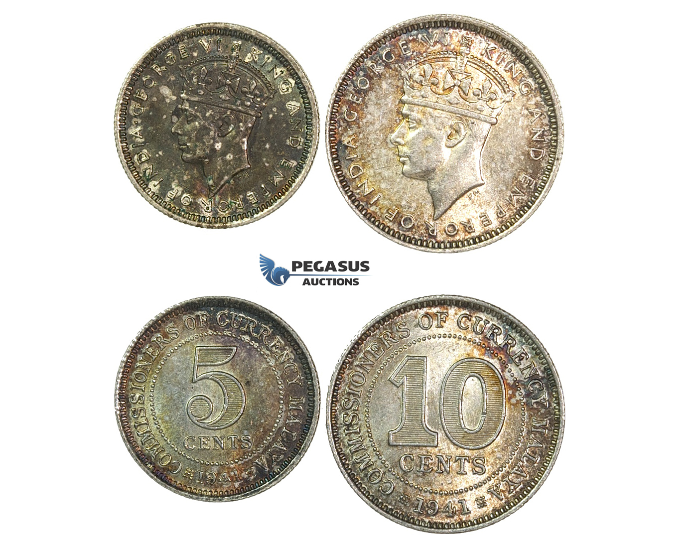 G80, Malaya, George VI, 5 & 10 Cents 1941, Silver, Both in Br. UNC with Rainbow toning!