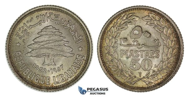 G83, Lebanon, 50 Piastres 1952, Silver, Toned UNC!