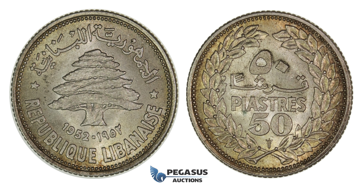 G83, Lebanon, 50 Piastres 1952, Silver, Toned UNC!