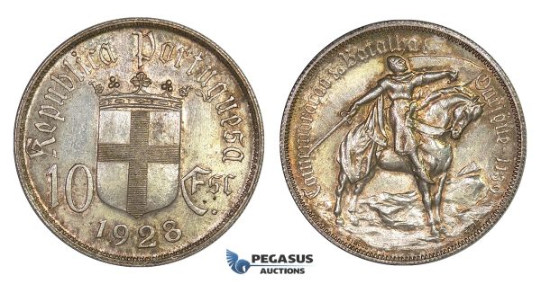 G87, Portugal, 10 Escudos 1928 (Batle of Ourique) Silver, Toned Top Grade!