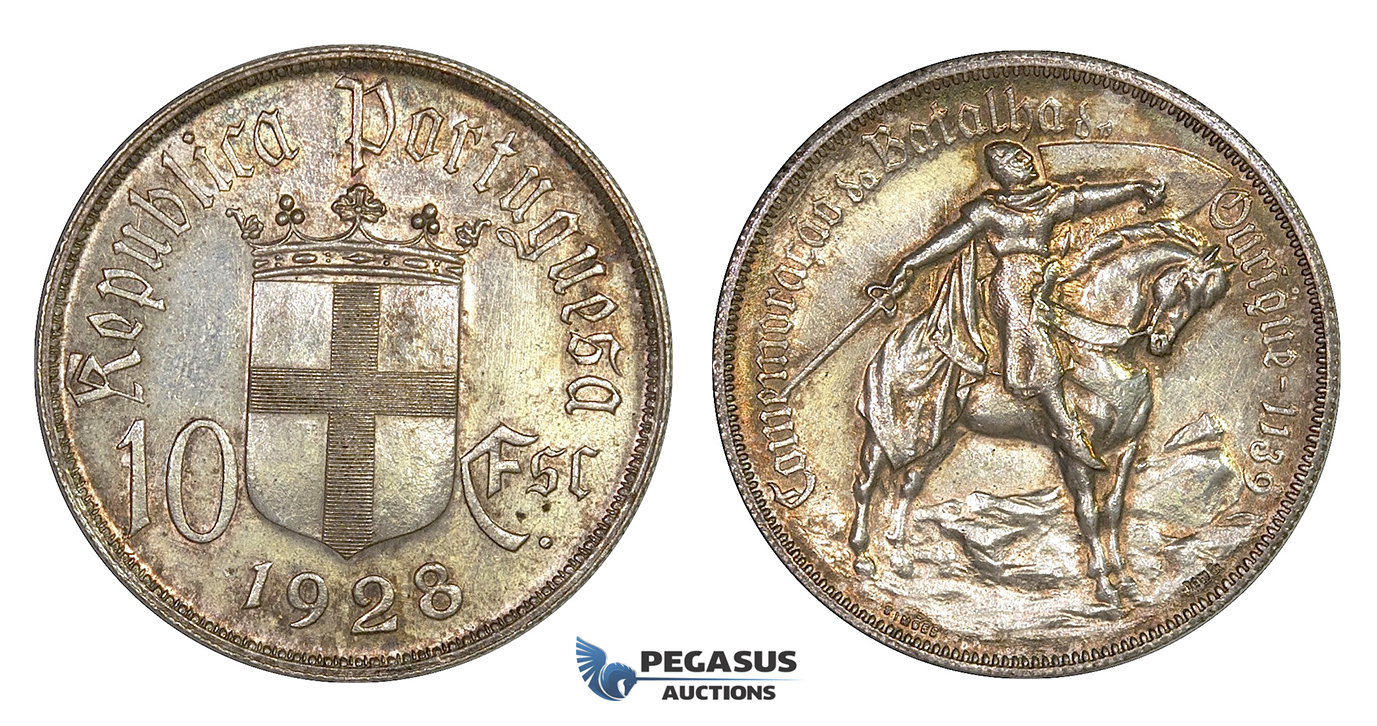 G87, Portugal, 10 Escudos 1928 (Batle of Ourique) Silver, Toned Top Grade!
