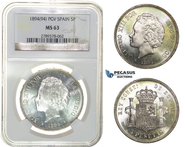H06, Spain, Alfonso XIII, 5 Pesetas 1894 (94) PG-V, Valencia, Silver, NGC MS63
