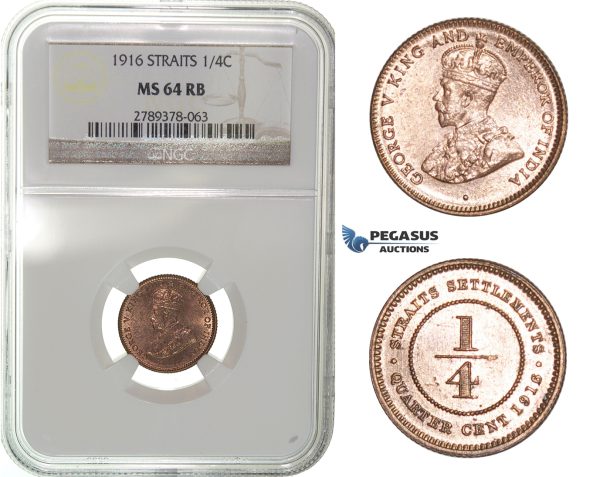 H08, Straits Settlements, George V, 1/4 Cent 1916, NGC MS64RB