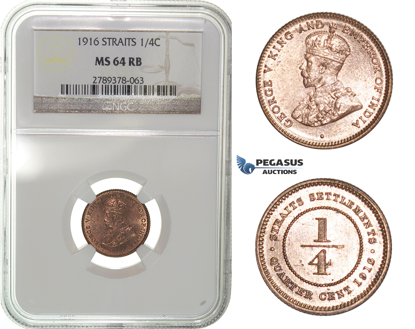 H08, Straits Settlements, George V, 1/4 Cent 1916, NGC MS64RB