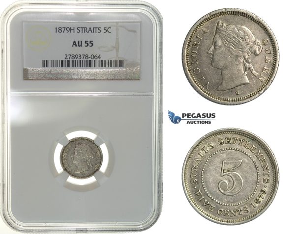 H09, Straits Settlements, Victoria, 5 Cents 1879-H, Heaton, NGC AU55, Rare!