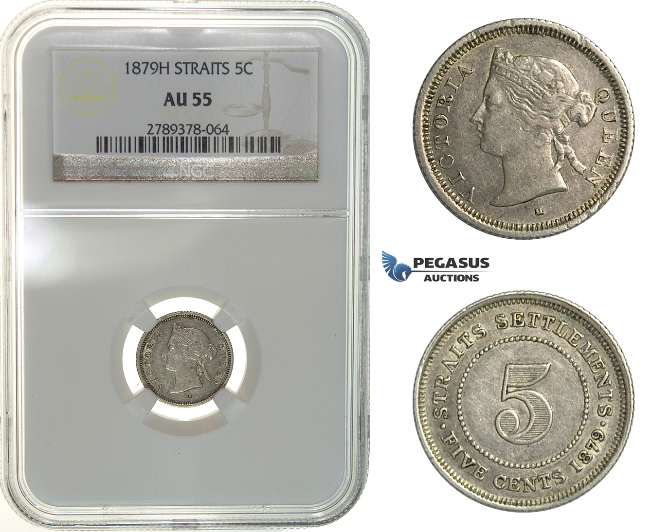 H09, Straits Settlements, Victoria, 5 Cents 1879-H, Heaton, NGC AU55, Rare!
