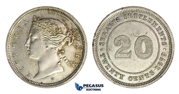 H10, Straits Settlements, Victoria, 20 Cents 1879-H, Heaton, Faint Hairlines, TOP Grade!