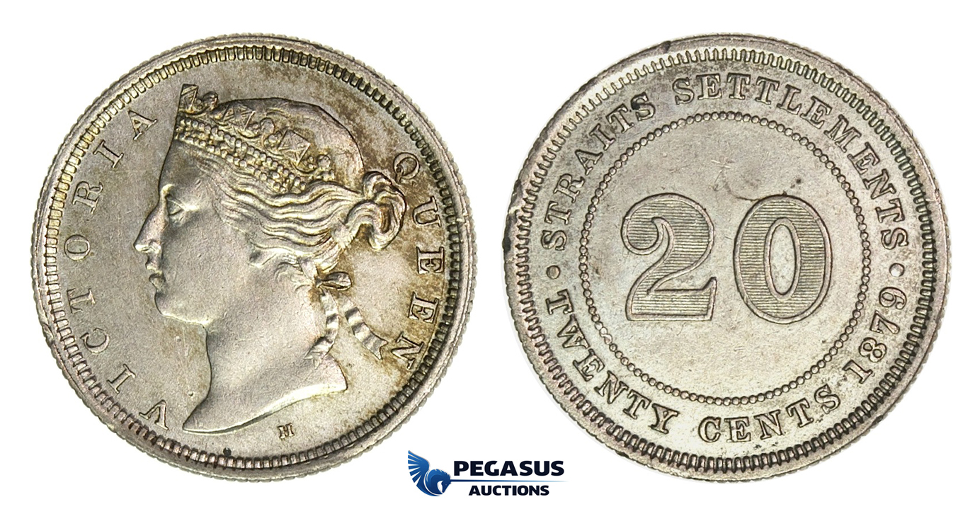 H10, Straits Settlements, Victoria, 20 Cents 1879-H, Heaton, Faint Hairlines, TOP Grade!