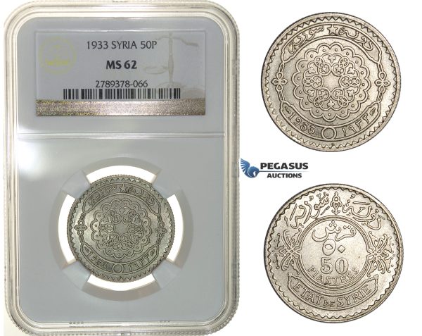 H12, Syria, 50 Piastres 1933, Silver, NGC MS62 (Pop 1/1) No better! Rare!