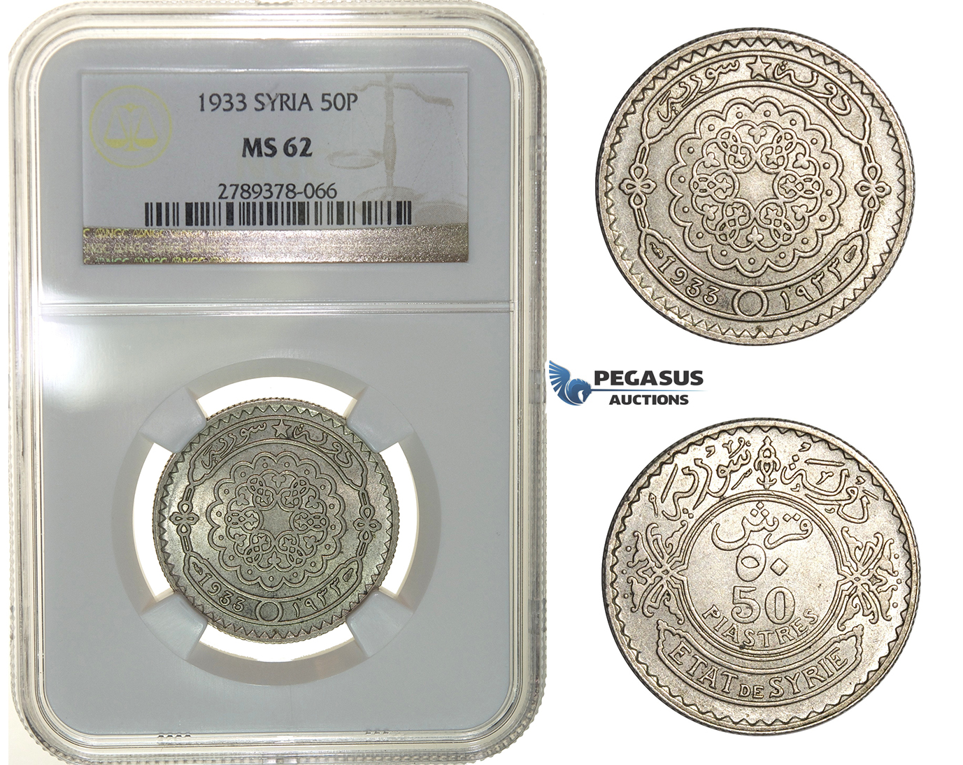 H12, Syria, 50 Piastres 1933, Silver, NGC MS62 (Pop 1/1) No better! Rare!