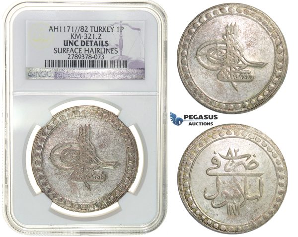 H15, Ottoman Empire, Turkey, Mustafa III, Piastre AH1171/82, Islambul, NGC UNC Det.
