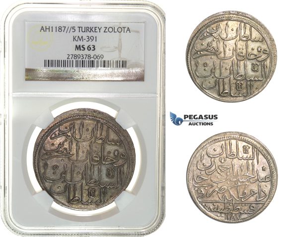 H18, Ottoman Empire, Turkey, Abdülhamid I, Zolota AH1187/5, Qustantiniya, NGC MS63, Rare!