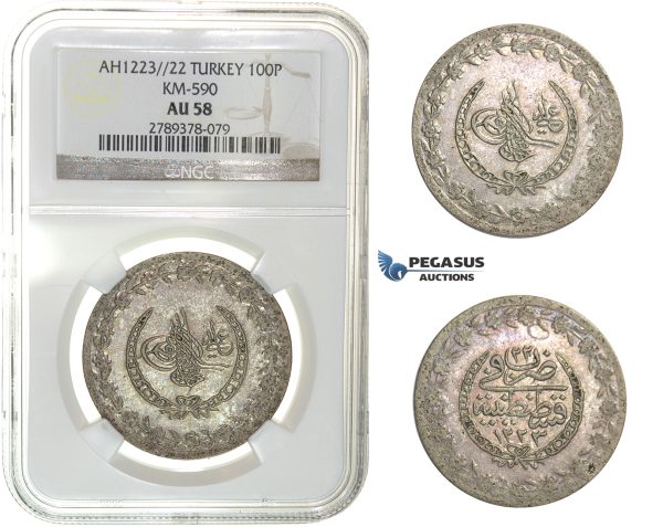 H20, Ottoman Empire, Turkey, Mahmud II, 100 Para AH1223/22, Qustantiniya, NGC AU58