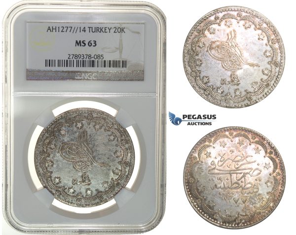 H23, Ottoman Empire, Turkey, Abdülaziz, 20 Kurush AH1277/14, Silver, NGC MS63
