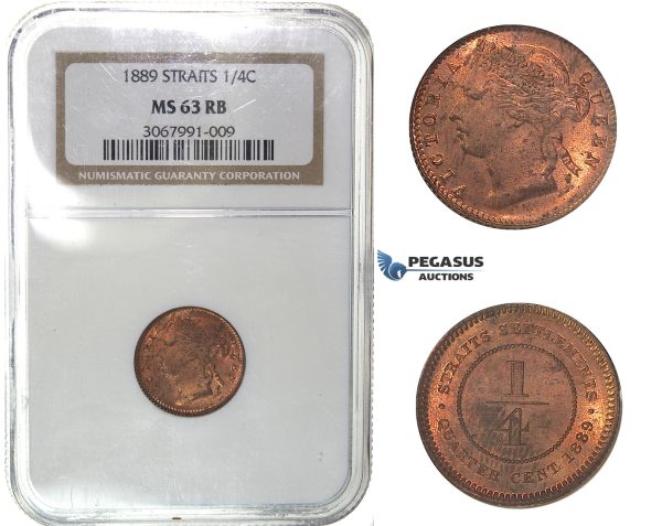 H32, Straits Settlements, Victoria, 1/4 Cent 1889, NGC MS63RB