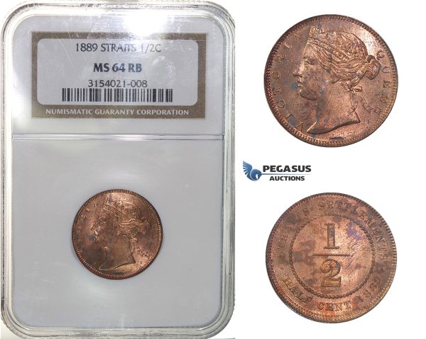 H33, Straits Settlements, Victoria, 1/2 Cent 1889, NGC MS64RB