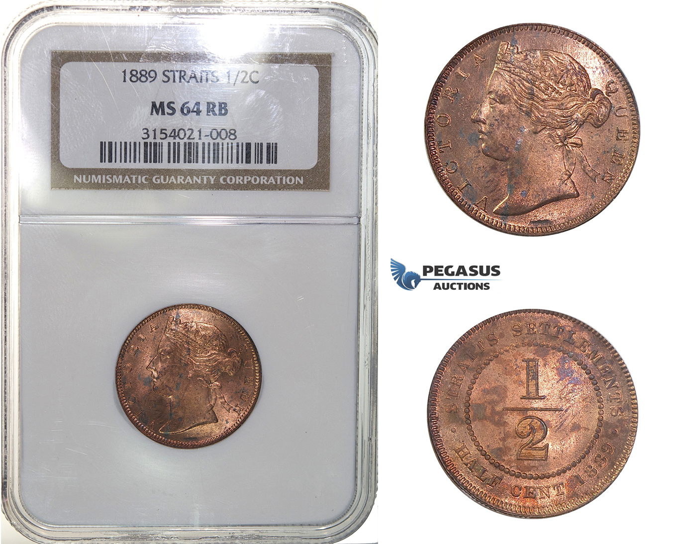 H33, Straits Settlements, Victoria, 1/2 Cent 1889, NGC MS64RB