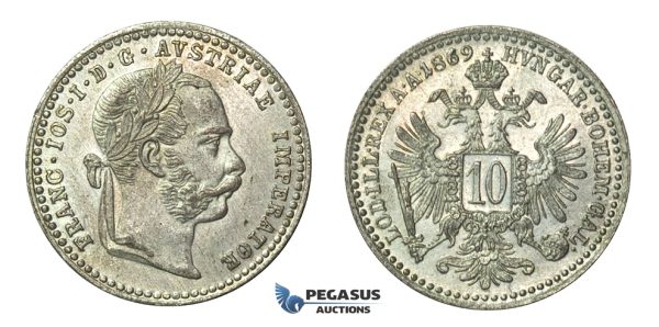 H38, Austria, Franz Joseph, 10 Kreuzer 1869, Silver, UNC!