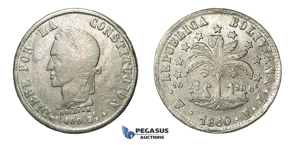 H39, Bolivia, 8 Soles 1860 PTS/FJ, Potosi, Silver