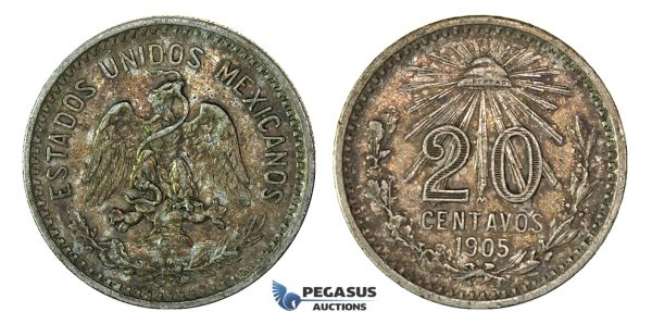 H46, Mexico, 20 Centavos 1905, Silver, Rainbow Toned High Grade!