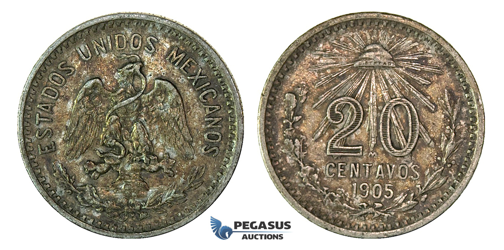 H46, Mexico, 20 Centavos 1905, Silver, Rainbow Toned High Grade!