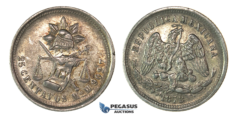 H47, Mexico, 25 Centavos 1872 Mo M, Mexico City, Silver, Toned High Grade!