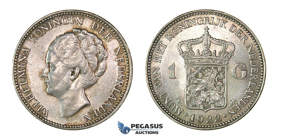 H50, Netherlands, Wilhelmina, Gulden 1922, Silver, Mint Lustre, TOP Grade!