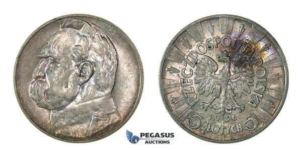 H54, Poland, 5 Zlotych 1936 "Jozef Pilsudski" Silver, Mint Lustre, TOP Grade!