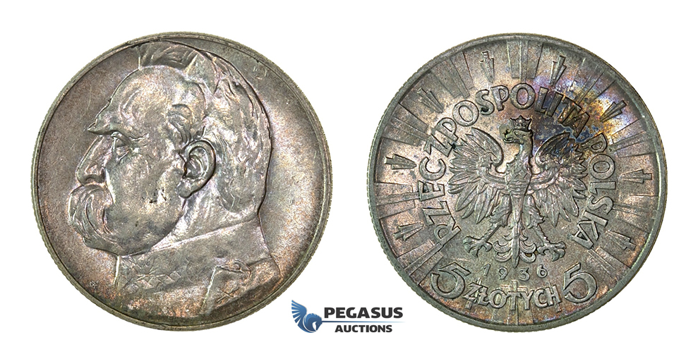H54, Poland, 5 Zlotych 1936 "Jozef Pilsudski" Silver, Mint Lustre, TOP Grade!
