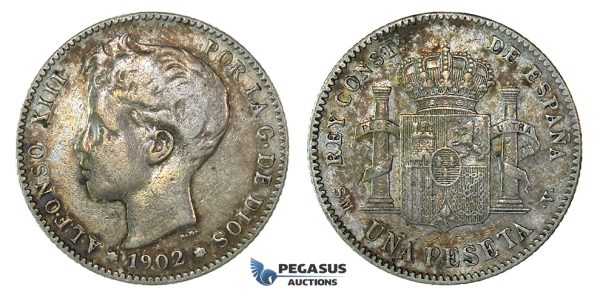 H59, Spain, Alfonso XIII, Peseta 1902 (02) Silver, Nice Toning!