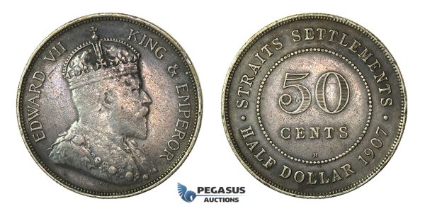 H62, Straits Settlements, Edward VII, 50 Cents 1907-H, Heaton, Dark Toning!