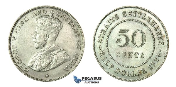 H63, Straits Settlements, George V, 50 Cents 1920, Silver, High Grade!