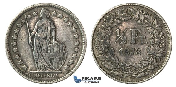 H64, Switzerland, 1/2 Franc 1878-B, Bern, Silver, Nice!