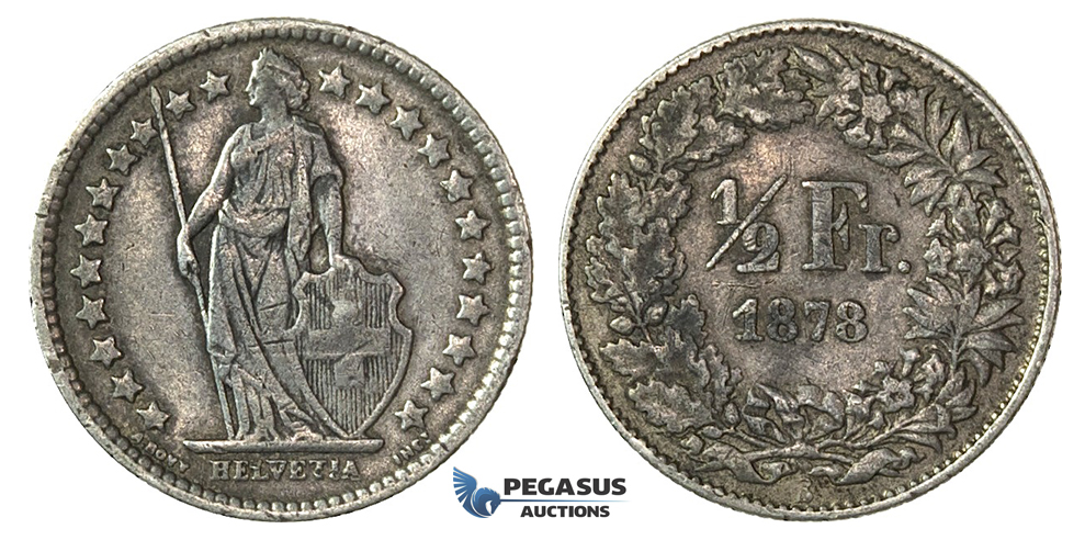 H64, Switzerland, 1/2 Franc 1878-B, Bern, Silver, Nice!