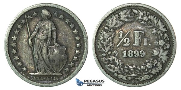 H65, Switzerland, 1/2 Franc 1899-B, Bern, Silver, Nice!