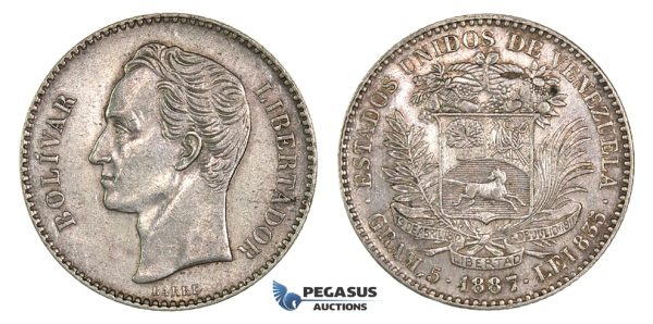 H67, Venezuela, GRAM 5 (Bolivar) 1887, Caracas, Silver, High Grade, Very Rare!