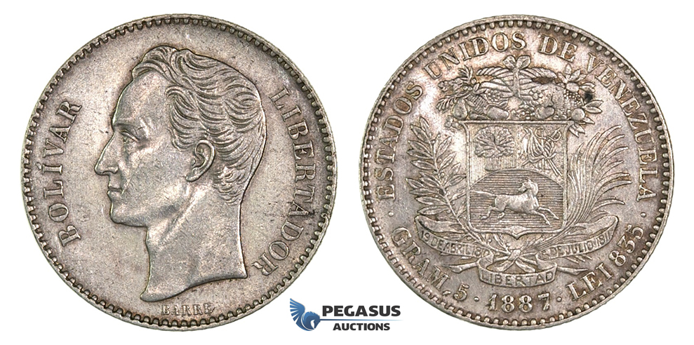 H67, Venezuela, GRAM 5 (Bolivar) 1887, Caracas, Silver, High Grade, Very Rare!