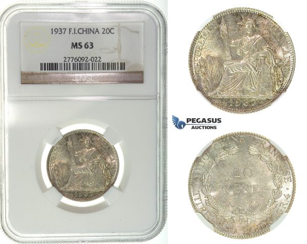 I18, French Indo-China (Vietnam) 20 Centimes 1937, Silver, NGC MS63